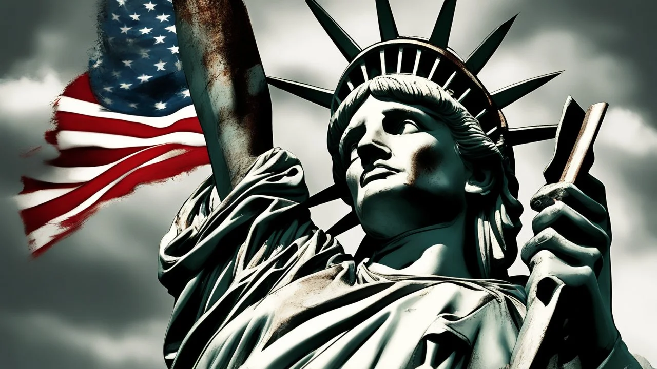 the statue of liberty, dress dirty and torn, her face solemn and terse, trash littered at her feet, she holds a crumpled american flag, she walks away, back to the viewer, under a dark and dreary sky