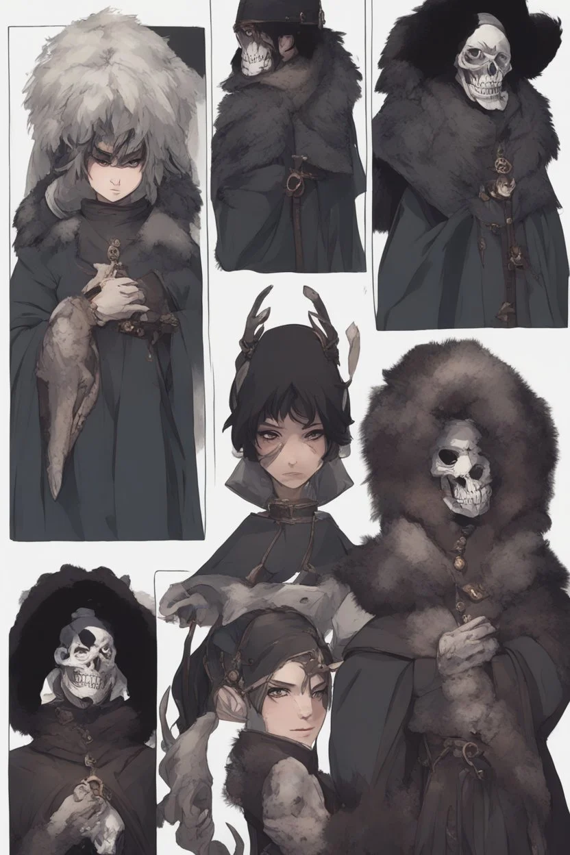 A dnd character sheet. A woman dressed for the cold north dressed in dark furs, with black hair. Death cleric wearing a mask with a skull, female woman girl