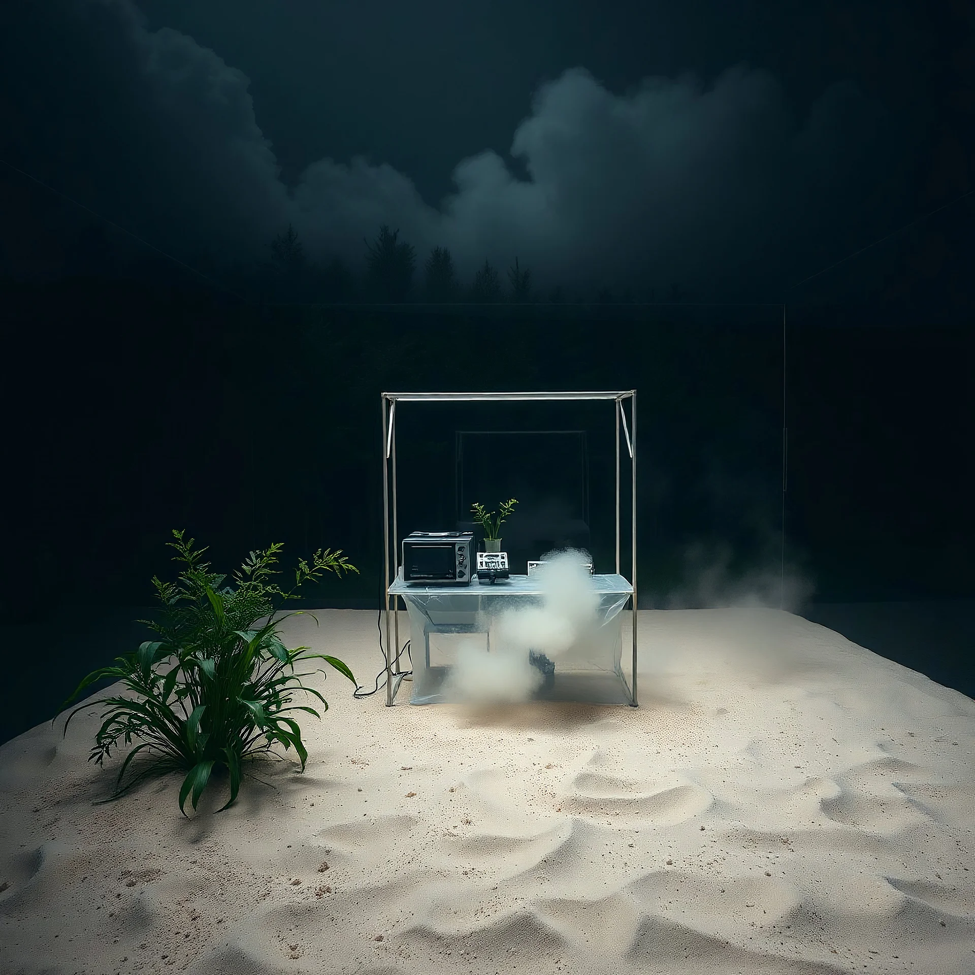 A photo of a closed environment in a dark closed space. In the background there is a forest. At the center, a structure made of plastic. Some electronical devices. Plants, clouds. The surface below appears to be sandy, with small accumulations of sand. Fog, powder. In the background, other forms or structures are visible, some of which are thin and transparent. The photo was taken with a Hasselblad H6D 400c camera.