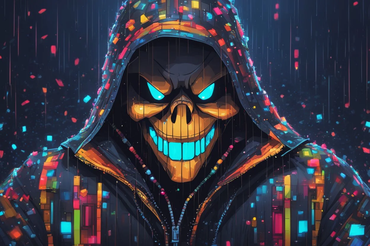 Sans in 8k cartoon artstyle, pixel them, neon effect, close picture, rain, fantasy world, intricate details, highly detailed, high details, detailed portrait, masterpiece,ultra detailed, ultra quality