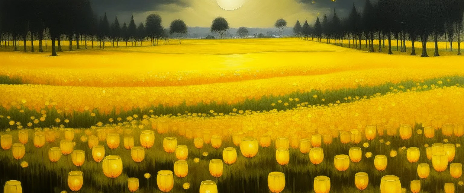 A yellow field with glowing lanterns painted by Cai Jia