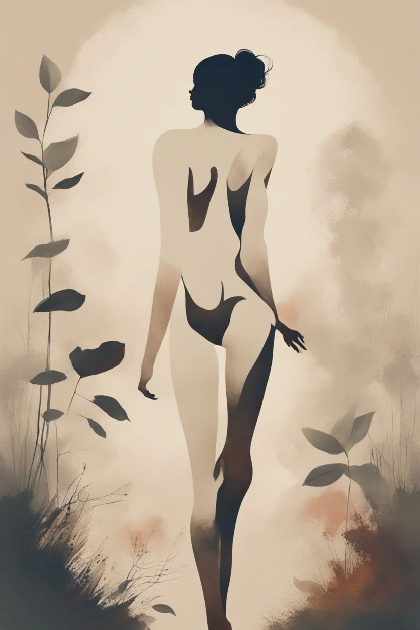 A minimalist, with a vintage twist, featuring a sleek and stylized unclad woman body silhouette against a faded, women body is painting about nature, awosome, bright.