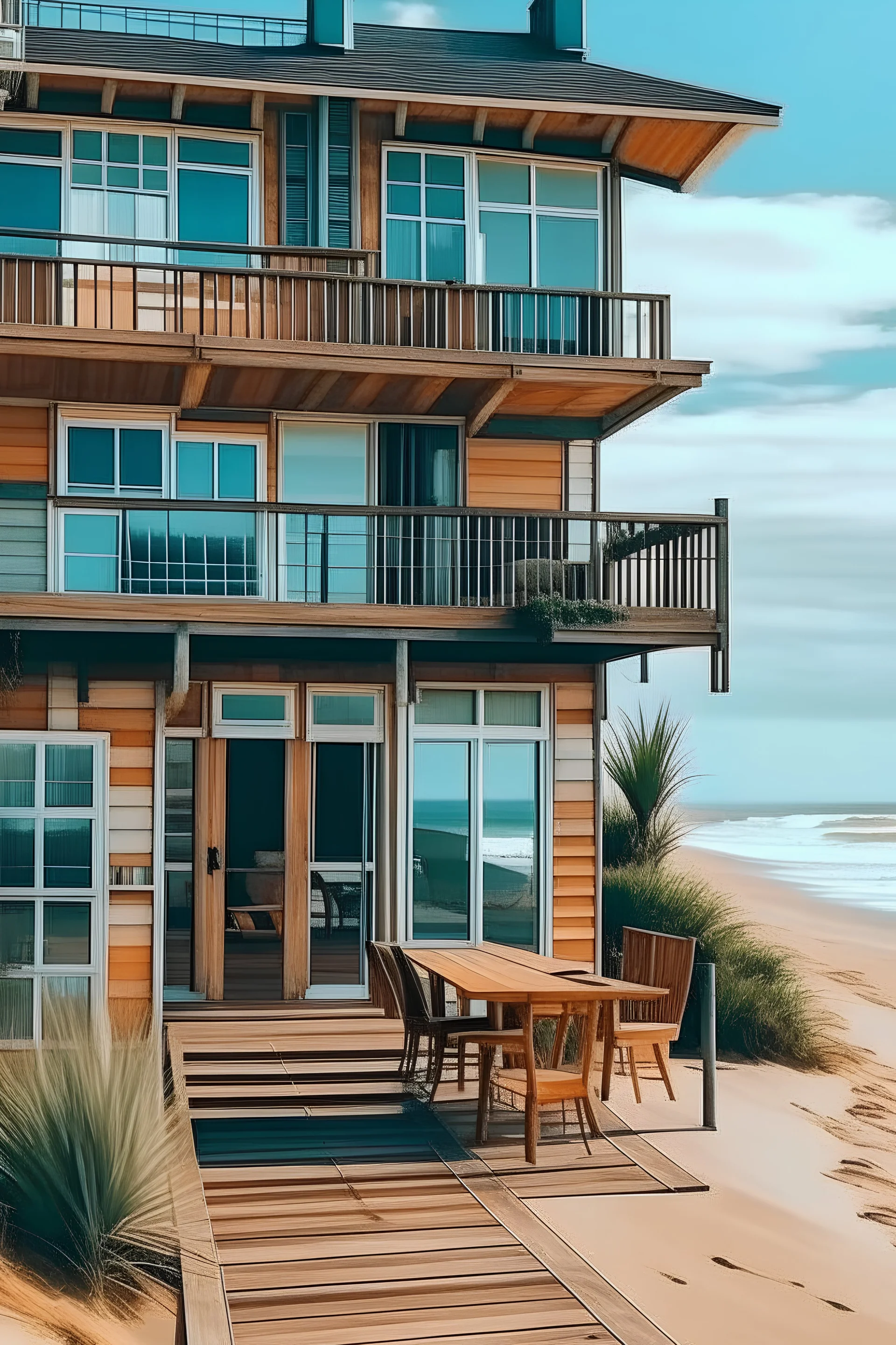 a cute house with really big windows, in the side of the beach, it has a cute balcony with chairs to relax and look at the beach