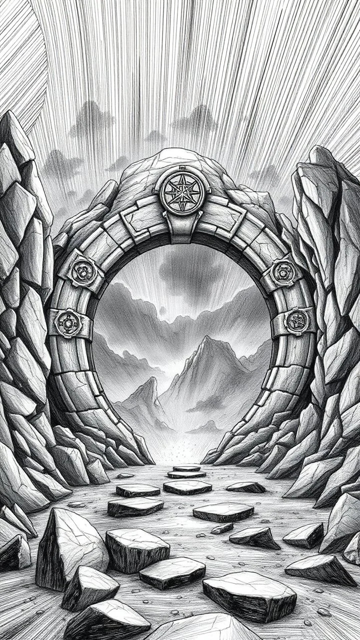 image of A rocky portal of a strange ring with strange symbols on it , the world of gray. those in the grayscale. Those beyond the portal in the color world are scary a stormy wether in the. Background in fine lines draw