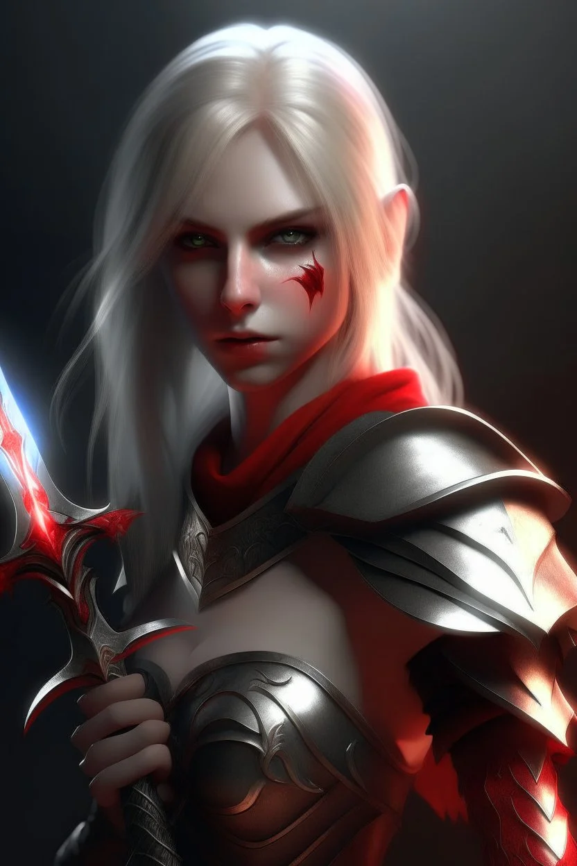 pretty woman, warrior, elf, blonde hair, fantasy, Skyrim, conventionally attractive, fighter, sword, elder scrolls, young, maternal, 3d render, conceptual art, poster, vampire, red eyes