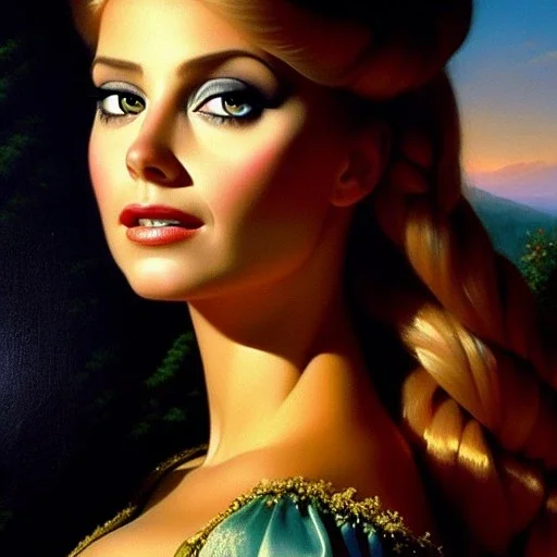 portrait of beautiful busty Rapunzel painting by Brom, oil on canvas, cinematic composition, extreme detail,cinematic composition,fit full head inside picture