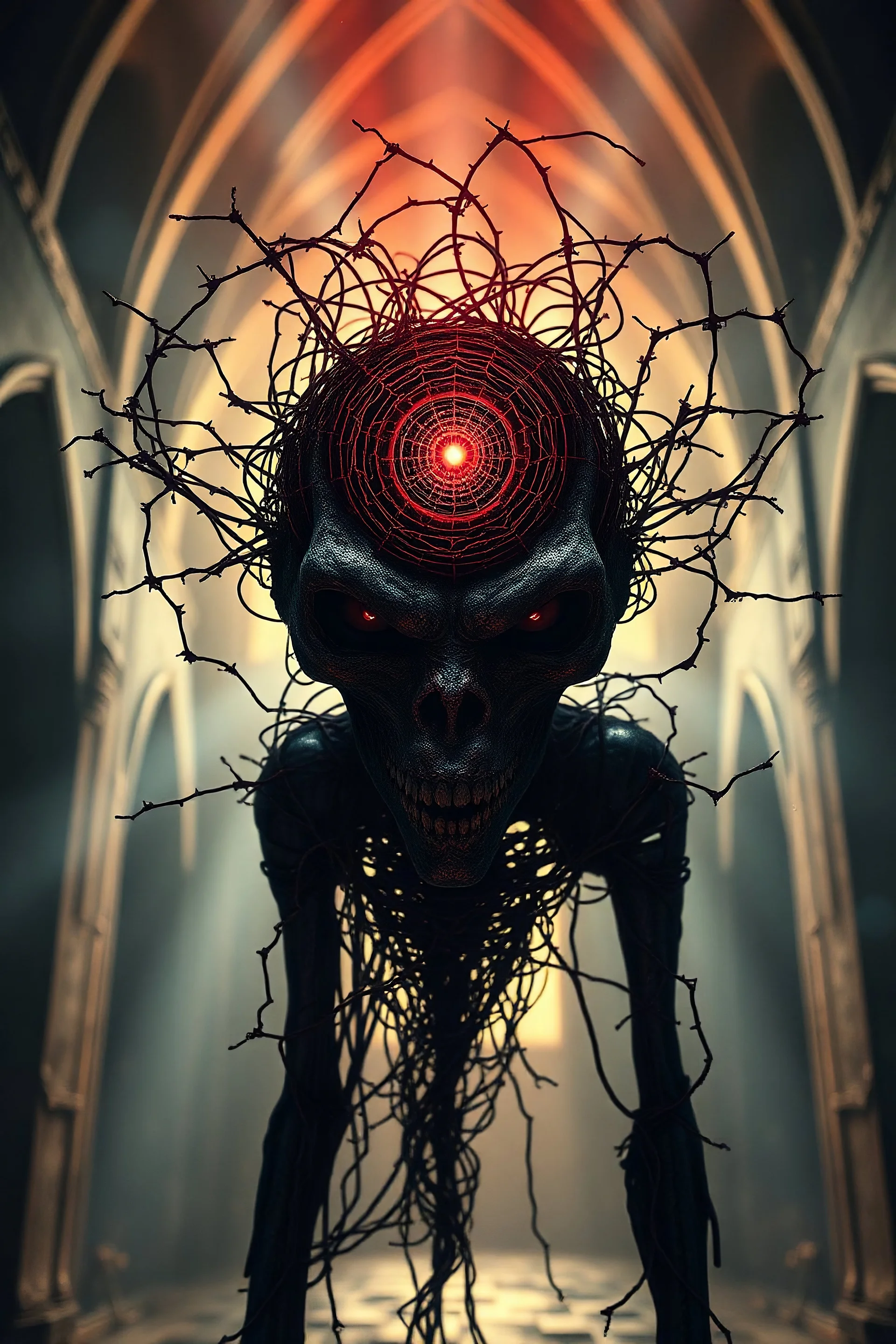 An alternative entity made out of bloody razor wire, metaphysical creature looking at the viewer with a singularity in it's head,strange liminal background clashes with a vivid gothic monastery surrounding, cinematic lighting,deep shadows, exploding rays of light behind it,