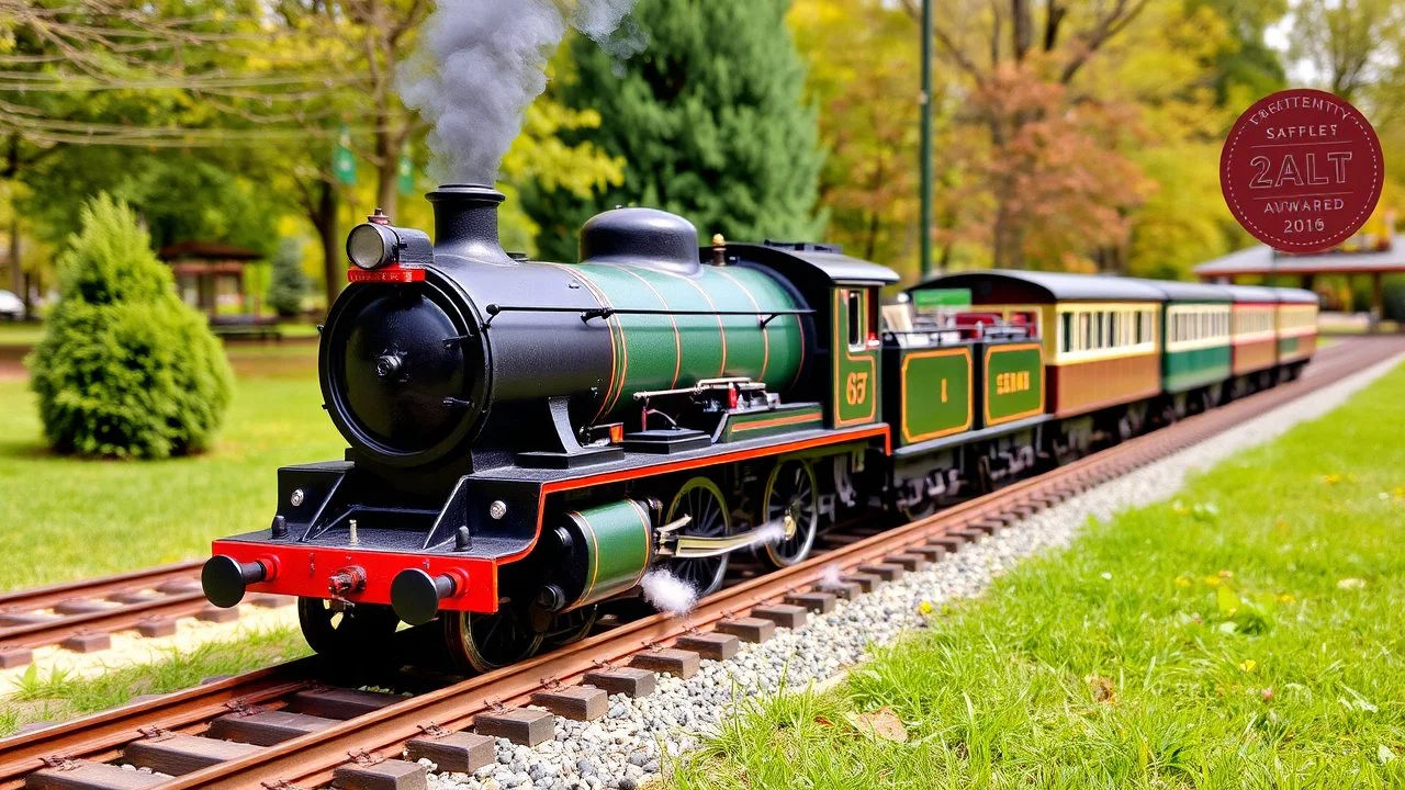 Steam-powered model train on an outdoor track in the park. Beautifully maintained and painted. Award-winning colour photograph.