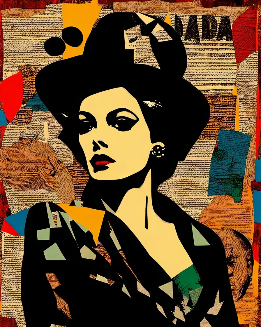 A vibrant and eclectic portrait of a woman, blending the irreverent spirit of Dadaism with the bold, graphic language of Pop Art, featuring a prominent female figure with an enigmatic expression, adorned with collage-like fragments of newspaper clippings, torn paper, and distressed textures, set against a backdrop of clashing colors and disparate patterns, with bold, black outlines and Ben-Day dots, evoking the stylized aesthetic of a 1960s-era advertisement, yet infused with a sense of playful