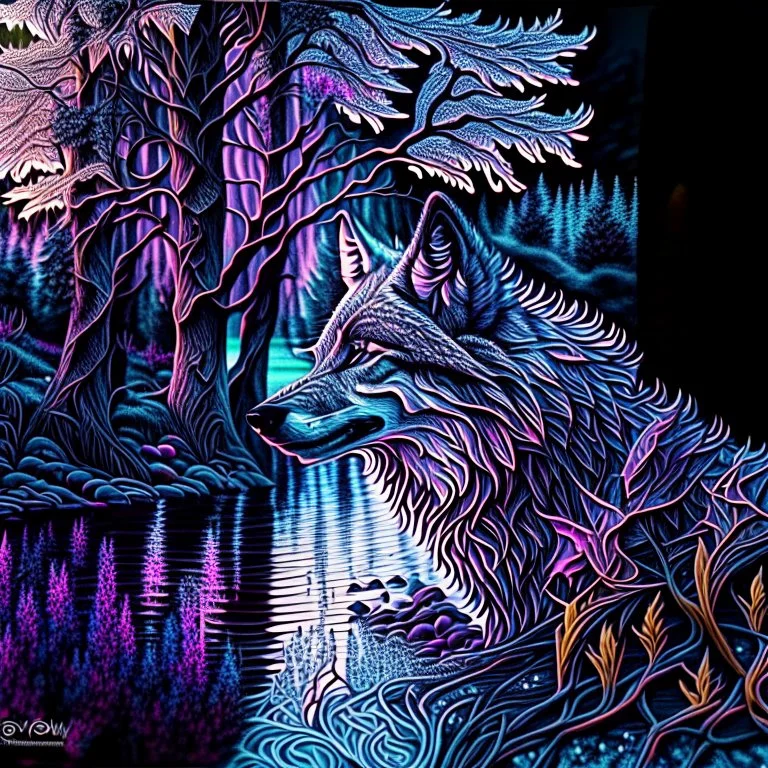 Ink art of a wolf intricate hyper-detailed hyper-realistic river trees contrasting 4k colors