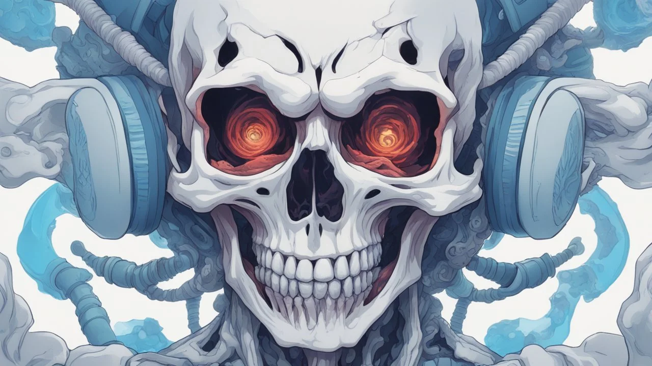 a close up of a person with a skull on their head, blue and white colors, anime skull portrait man, scary detailed art in color, hiroyuki-mitsume takahashi, nychos art aesthetic, half man half skeleton, anime cyberpunk art, colored manga art, rossdraws pastel vibrant, hot colors. insanely detailed, beautiful anime portrait, stunning anime face portrait, scary art in color