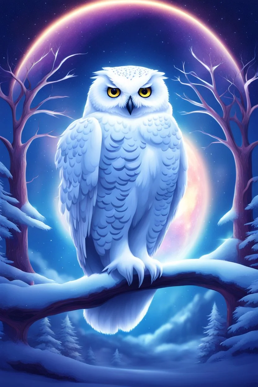 Beautiful snow owl in a magical forest with magical cosmic sky.