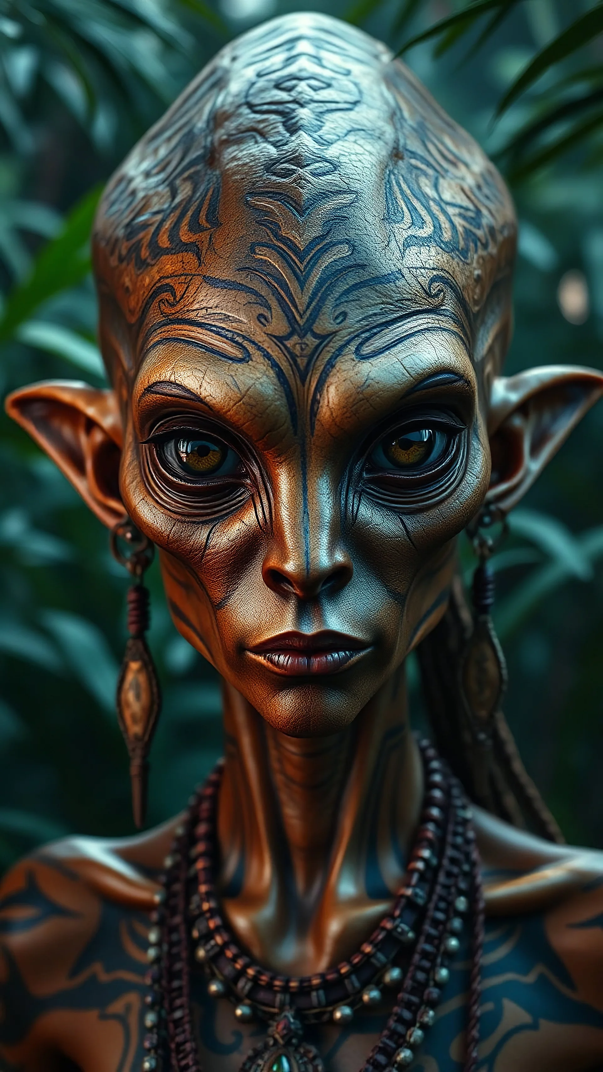 Plano general, hiperrealista, ultra HD, de un alien humanoide mujer, con rasgos mayas, tatuajes tribales, piel cobriza texturizada, cráneo alargado, joyas tribales ojos grandes, almendrados, pupilas redondas y oscuras, nariz pequeña y ancha, fosas nasales pequeñas, labios finos, orejas puntiagudas. fondo de la figura entorno selvático.