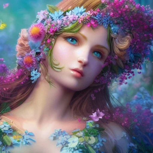  Beautiful and bright goddess of spring,delicate flowers,blue eyes, knees up portrait, fantastical, intricate detail, splash screen, complementary colors, fantasy concept art, 8k resolution, Unreal Engine 5"