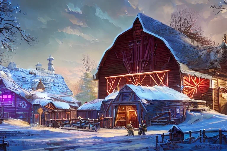 A 3D scene of a barn, December, snow, Disney, Pixar, Dreamworks, Behance, Artstation, C4D, fun, cute, colorful