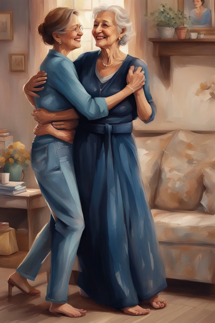 heartwarming cinematic illustration of a loving bond between a daughter and her elderly mother. The daughter, dressed casually in jeans and a blouse, has her arm wrapped around her mother's waist, while the mother, adorned in a bright, flowing gown, gracefully guides her through the dance. Their faces are a picture of joy, with the mother's radiant smile and the daughter's beaming eyes reflecting the love they share. The cozy living room, adorned with cherished family photos and decorations, cre