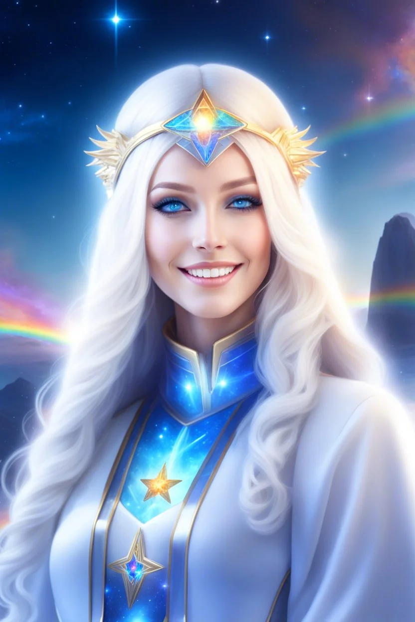 cosmic woman smile,galactic fédération, admiral from the future, one fine whole face, crystalline skin, expressive blue eyes,rainbow, smiling lips, very nice smile, costume pleiadian, Beautiful tall woman pleiadian Galactic commander, ship, perfect datailed golden galactic suit, high rank, long blond hair, hand whit five perfect detailed finger, amazing big blue eyes, smilling mouth, high drfinition lips, cosmic happiness, bright colors, blue, pink, gold, jewels, realist, high,ufo rainbow