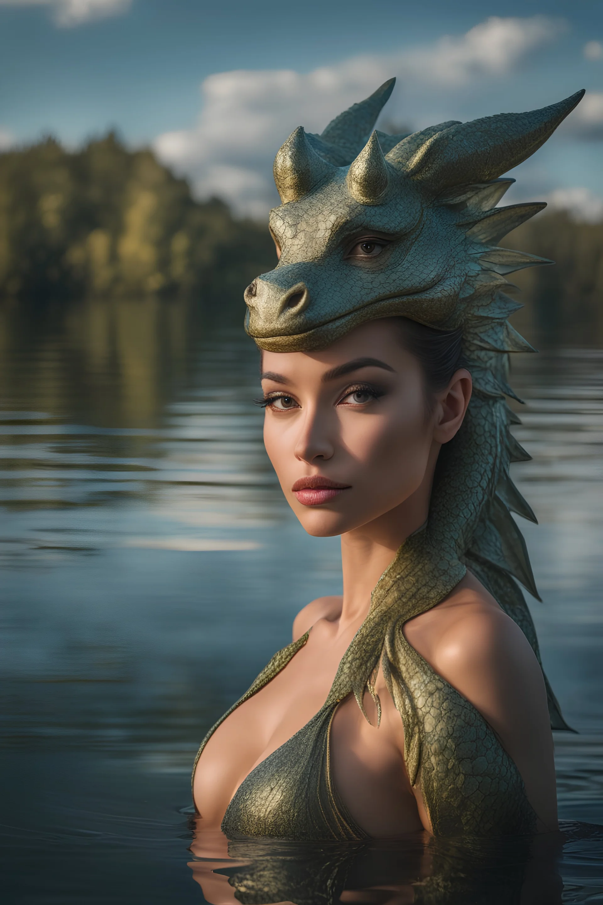 ultra realistic photograph of a stunning anthropomorphic femdragon, beautiful gorgeous, in clear swimwear, lies on the water surface of the lake, stunning composition evoke a sense of admiration, Cinematic lighting, Volumetric lighting, Epic composition, Photorealism, Bokeh blur, Very high detail, Sony Alpha α7, ISO1900, Character design, Unreal Engine, Octane render, HDR, Subsurface scattering