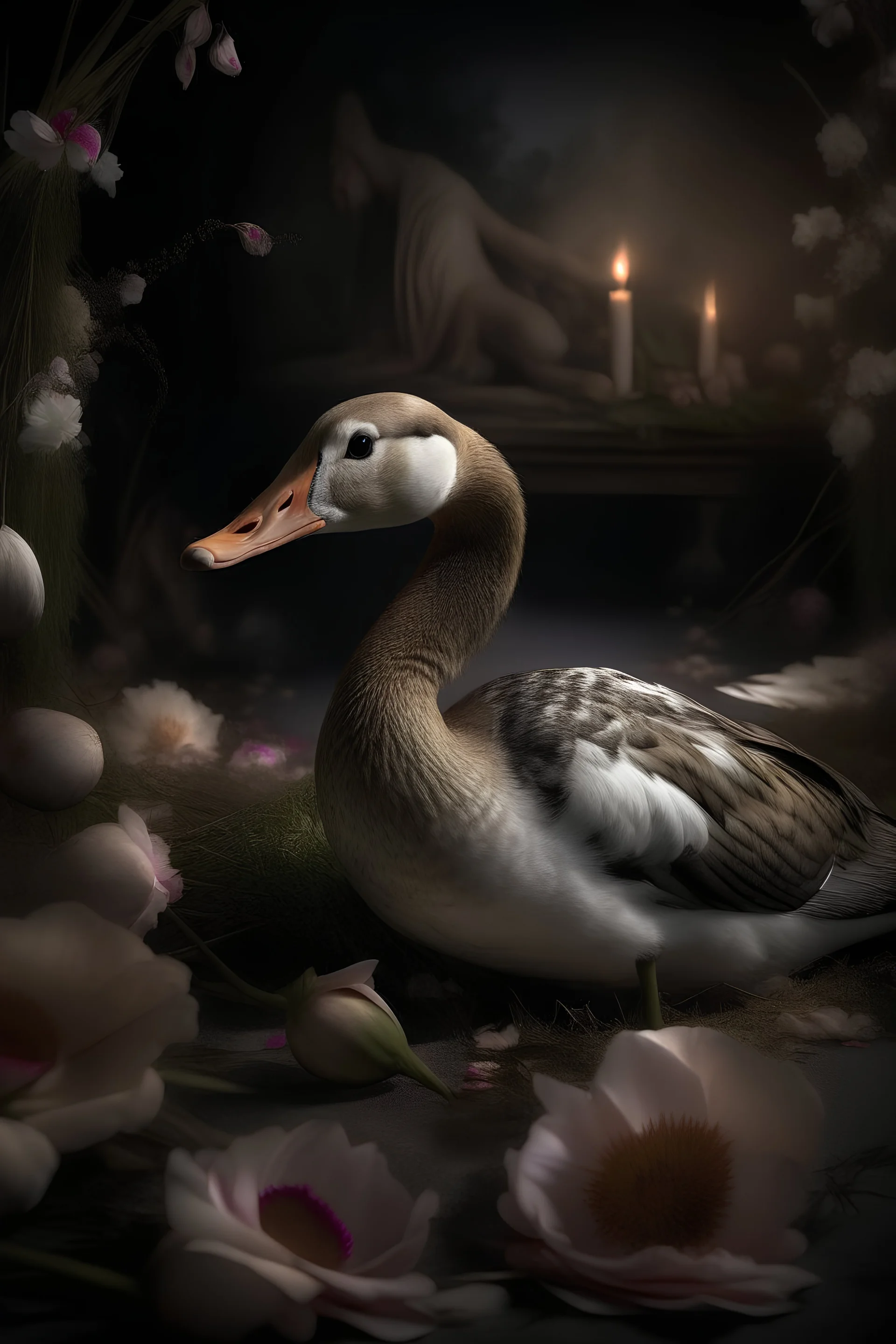 Create an image of a greylag goose, symbolizing a journey, freedom, and a connection with nature. Behind the goose, use feathered wings as symbols of yearning and the accumulation of love. In the background, depict a grave adorned with flowers, suggesting a blend of sorrow or loss. Play with lighting to showcase both the beauty and shadows. Include a representation of the vastness of space, perhaps with a celestial blue hue, mirroring the poem's description of the boundless and distant blue unkn