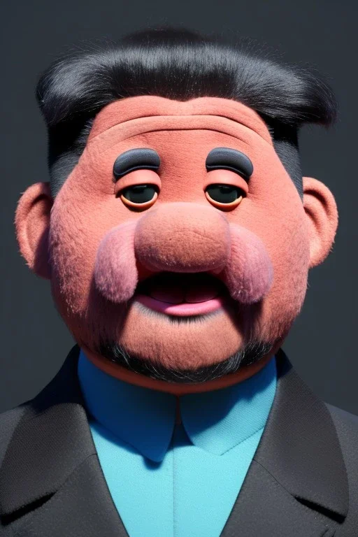 Waist up muppet Portrait, Kim Jong-un as muppet doll, black suit, photo studio, blue background, unreal engine 5, concept art, art station, god lights, ray tracing, RTX, lumen lighting, ultra detail, volumetric lighting, 3d.