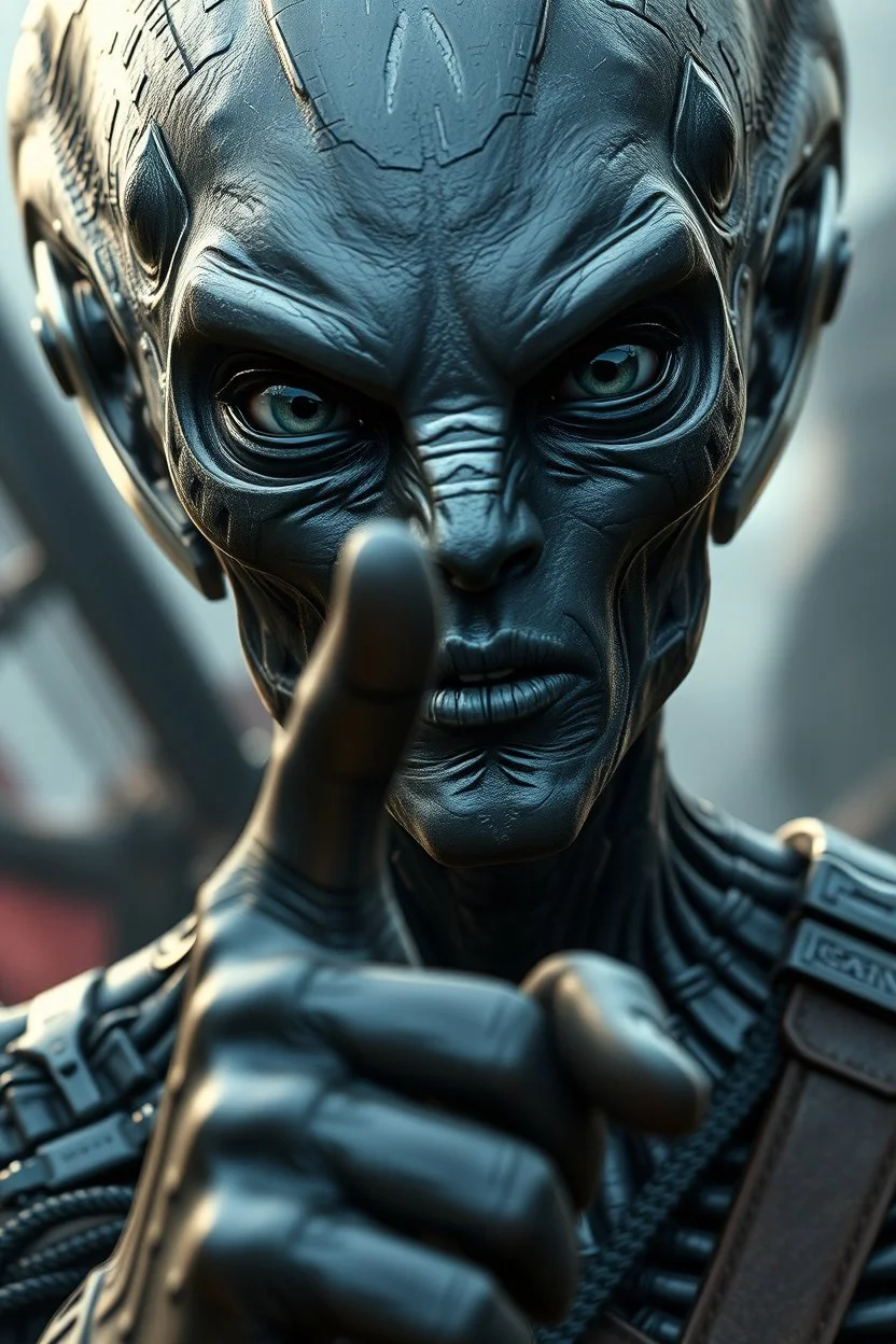 Alien looking up , d&d character art masculine features, pointing at you , deep coal-gray skin, 8k, 3d cgi, unreal engine 6, high detail, intricate, cinematic battle background