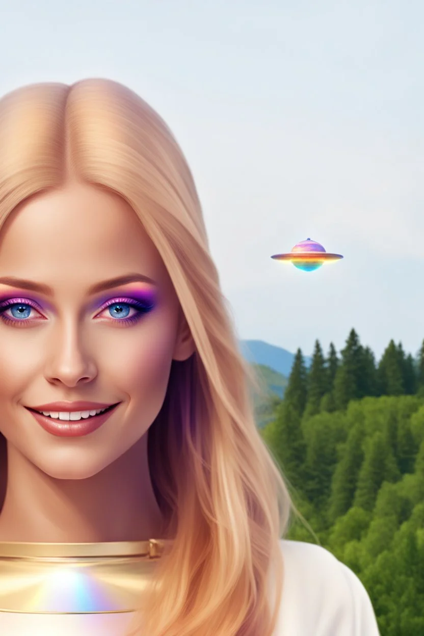 ufos rainbows,beautifuls paysages, fantastic colours,cosmic woman ,beautiful ufos rainbow, admiral from the future, galactic confédération, fine whole face, crystalline skin, expressive purple eyes,rainbow, smiling lips, very nice smile, costume pleiadian, Beautiful tall woman pleiadian Galactic commander, ship, perfect datailed golden galactic suit, high rank, long blond hair, hand whit five perfect detailed finger, amazing big puple eyes, mouth, high définition lips, cosmic happiness, bright c