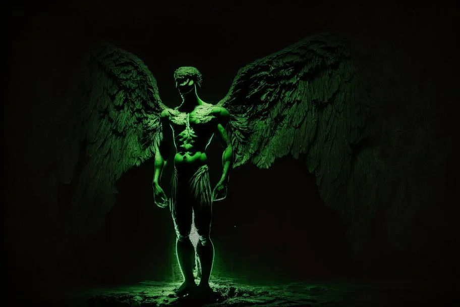 ange hombre l negro y verde parado en la oscuridad de la noche
