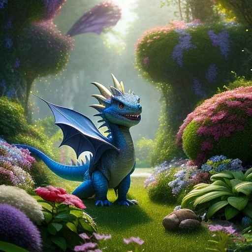 pixar style, volumetric summer garden environment and background, realistic painting of cute baby dragon, looking excited, volumetric lighting, dramatic lighting, detailed digital painting, extreme dense and fine fur, anime, ornate, colour-washed colors, elegant, small minutiae, tiny features, particulars, centered, smooth, sharp focus, renderman gofur render, 8k, uhd, detailed eyes, realistic shaded volumetric lighting, sunlight caustics, backlight, centered camera view