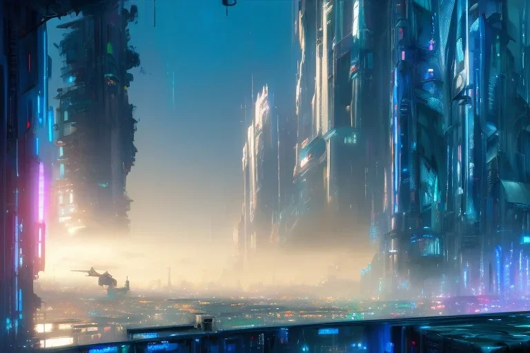 Art by John Berkey and John Harris and Craig Mullins, futuristic cyberpunk city, high rise, smooth, sharp focus, hyper detailed, digital painting, elegant, centered, detailed, neon signs, volumetric lightning, brutalist architecture, 8k, flying hover cars