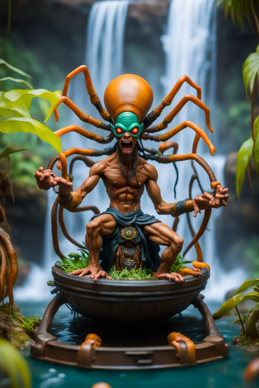 action figure of Dhalsim as an alien spider electric eel necromancer on round swamp boat beholder eye wheel throne in a charged foggy jungle waterfall