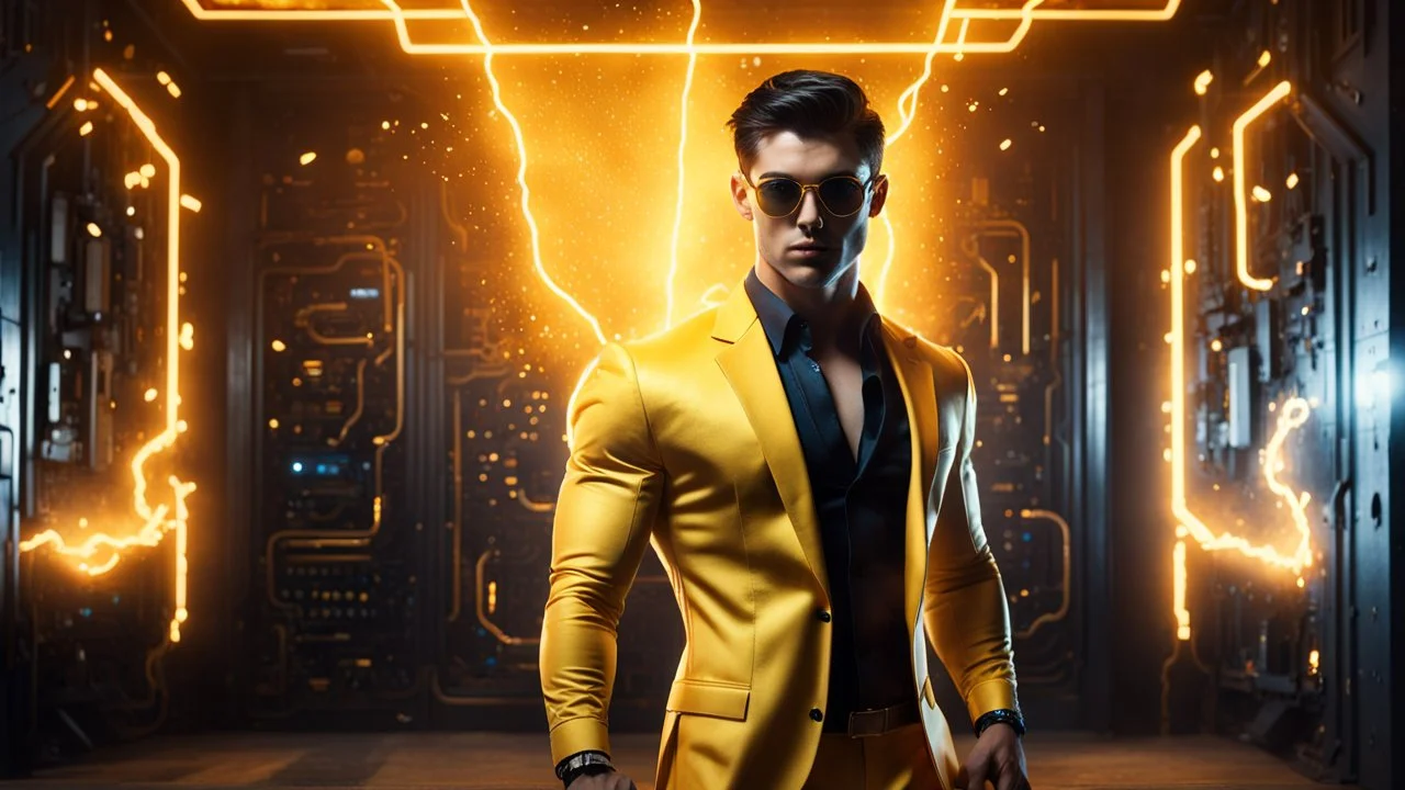 Hyper Realistic handsome muscular Electric-Superhero with short-black-hair wearing long-fancy-yellow-tuxedo & fancy-sunglasses in a dark-rustic-circuit-room with electric-sparks-&-rays & a massive circuit-board-wall with-glowing-embers showing dramatic & cinematic ambiance.