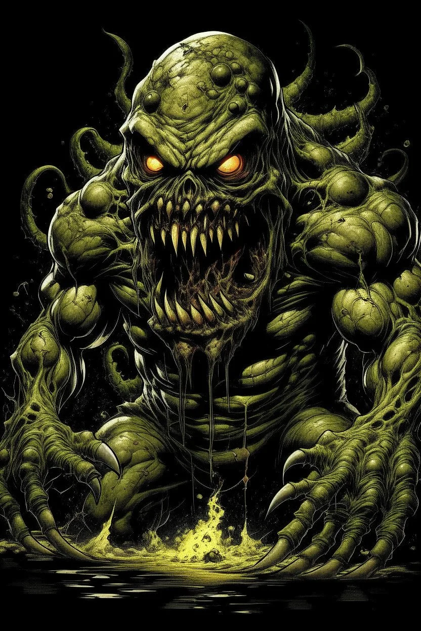 Science experiment Horror abomination mutant by Richard Corben, Todd Schorr, T-Shirt Design, Black Background