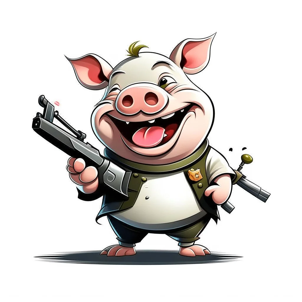 Little pig laughing, armed with a gun, cartoon style, James Bond style, vivid and dark colors, white background, 32k UHD