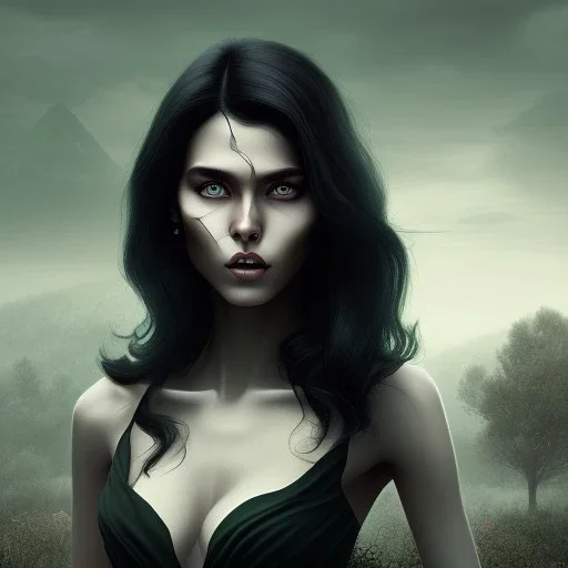 fantasy setting, woman, peau sombre, indienne, black wavy hair, mèche verte, ranger