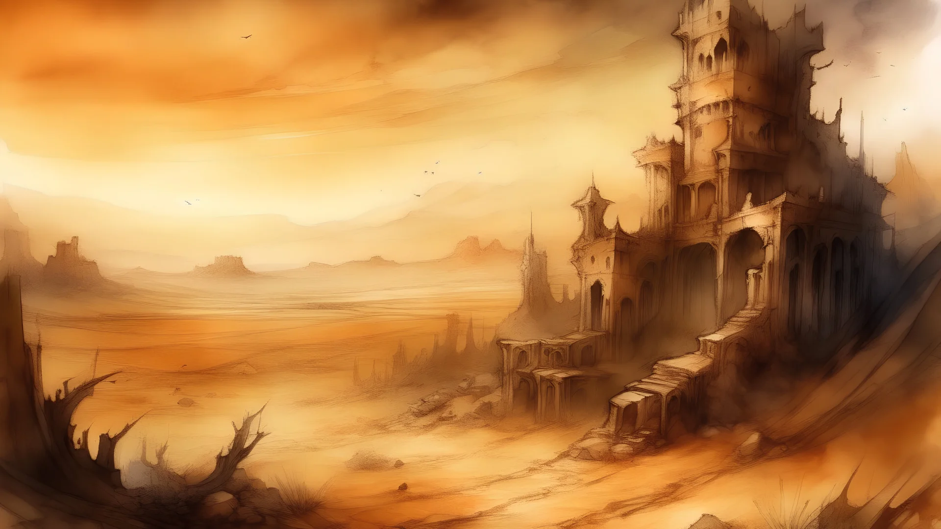 Watercolor, desert ruin, city ruin, fantasy, arid, high-resolution, dark earthy colors, background