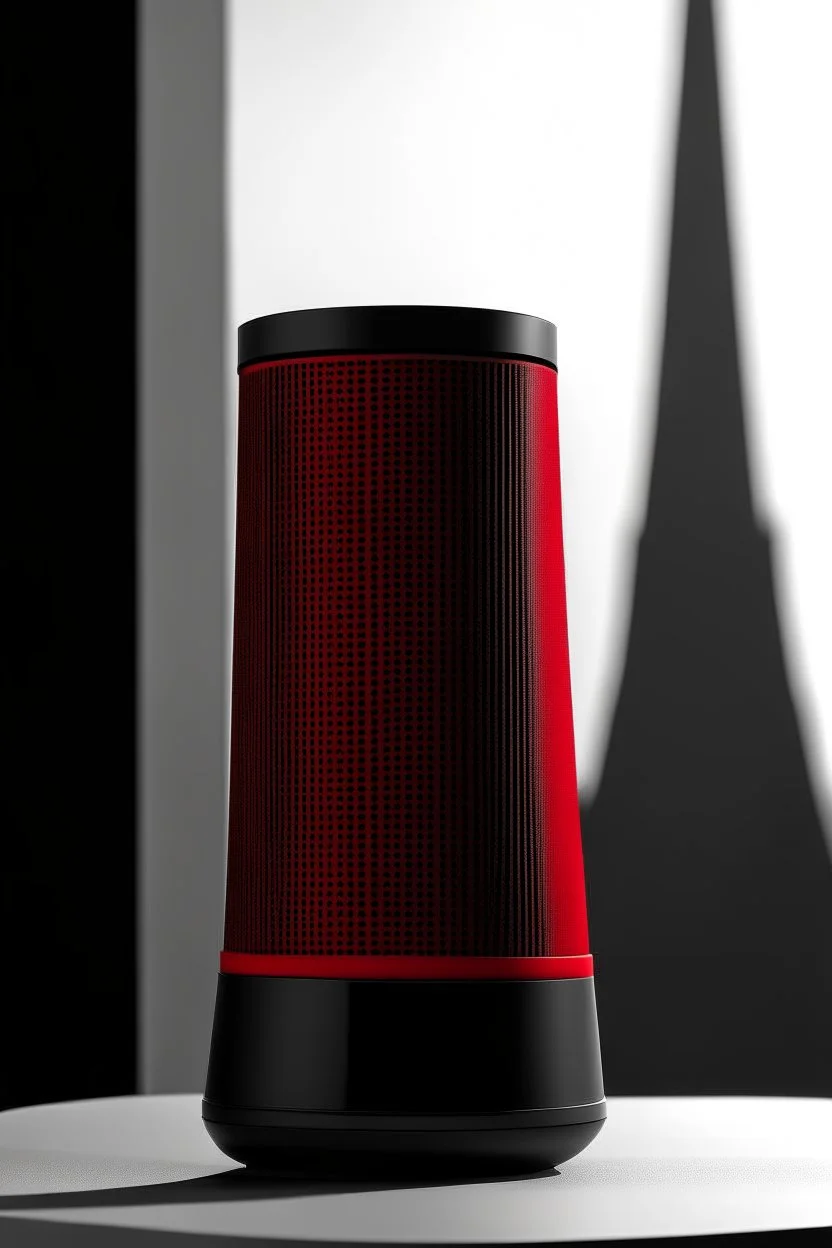 portable speaker, form inspired by Burj Khalifa, architecture form, modern design style and black and red color