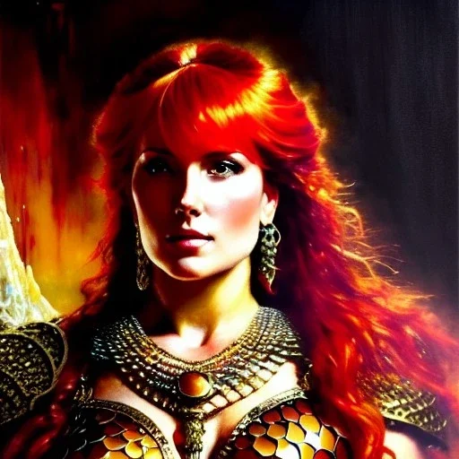 Drawing of beautiful face,'Red Sonja ',intense stare, ancient metal armor, balanciaga fashion clothe painting by gaston bussiere, greg rutkowski, yoji shinkawa, yoshitaka amano, tsutomu nihei, donato giancola, tim hildebrandt Oil on canvas, cinematic composition, extreme detail,fit full head inside picture,16k