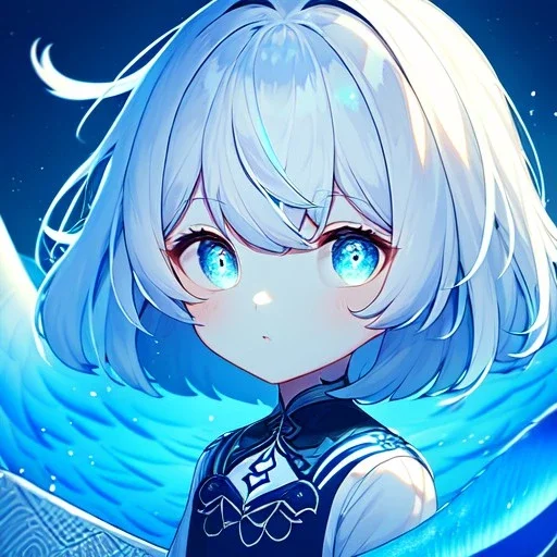 fish princess, big dreamy eyes, beautiful, intricate, colored hair, symmetrical, emotionless, long white hair, short, cute, small girl, three Girl, hair blue, short hair, sueter,