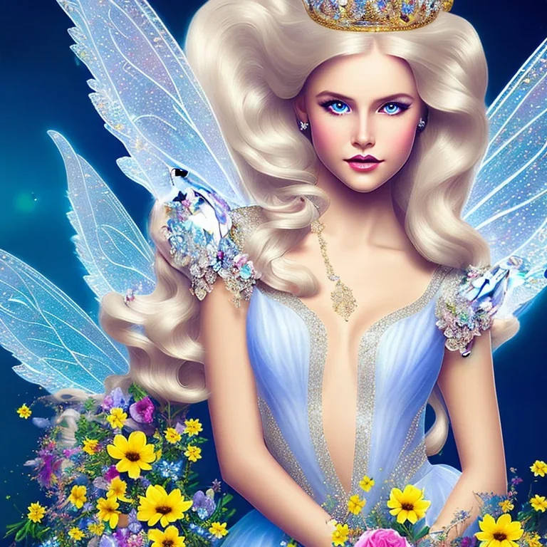 fantasy fairy with transparent wings, smiling, make up, long platinum blond hair with crown and flowers, blue dress, flowers background