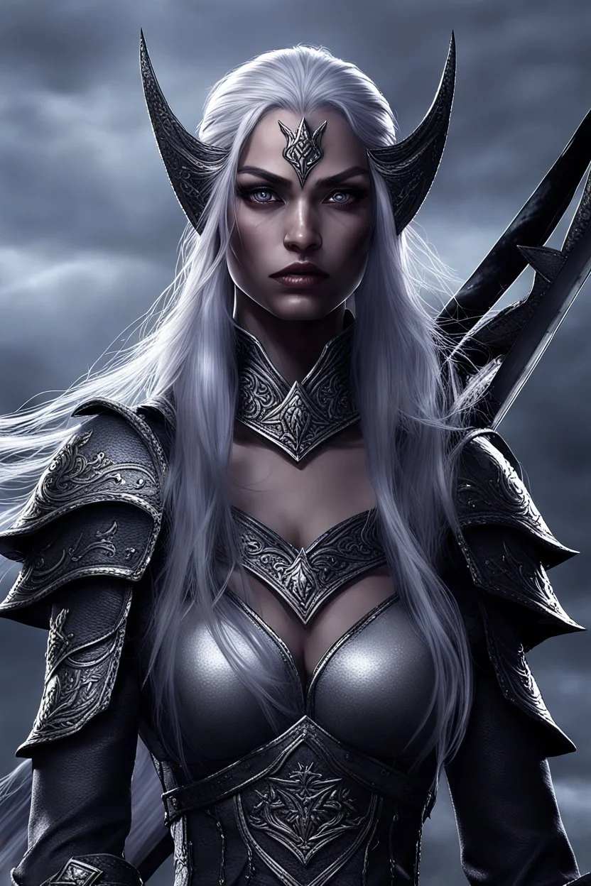 SA female elf with skin the color of storm clouds, deep grey, stands ready for battle. Her long black hair flows behind her like a shadow, while her eyes gleam with a fierce silver light. Despite the grim set of her mouth, there's a undeniable beauty in her fierce countenance. She's been in a fight, evidenced by the ragged state of her leather armor and the red cape that's seen better days, edges frayed and torn. In her hands, she grips two daggers, add dark shadow mystic purple flames