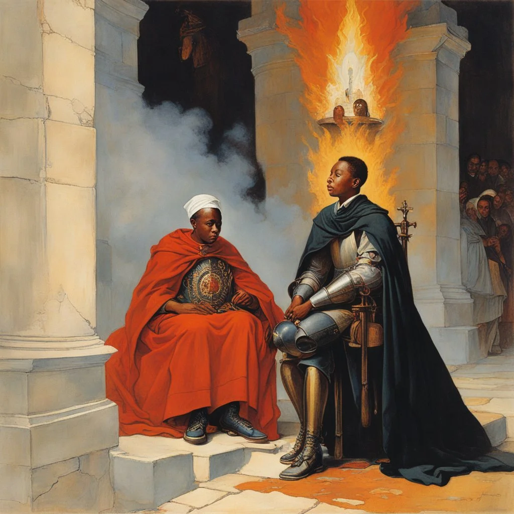 [art by Norman Rockwell] With newfound determination burning in his eyes, Roupinho stepped back, his gaze lingering on the statue of the Black Madonna. Leaving the grotto, Roupinho emerged into the world, his heart aflame with the divine spark that had been ignited within him. And so, the knight set forth on his sacred quest, his destiny intertwined with the miraculous presence of the Black Madonna of Nazaré. The echoes of his pledge reverberated through the hallowed halls of his soul, ignitin