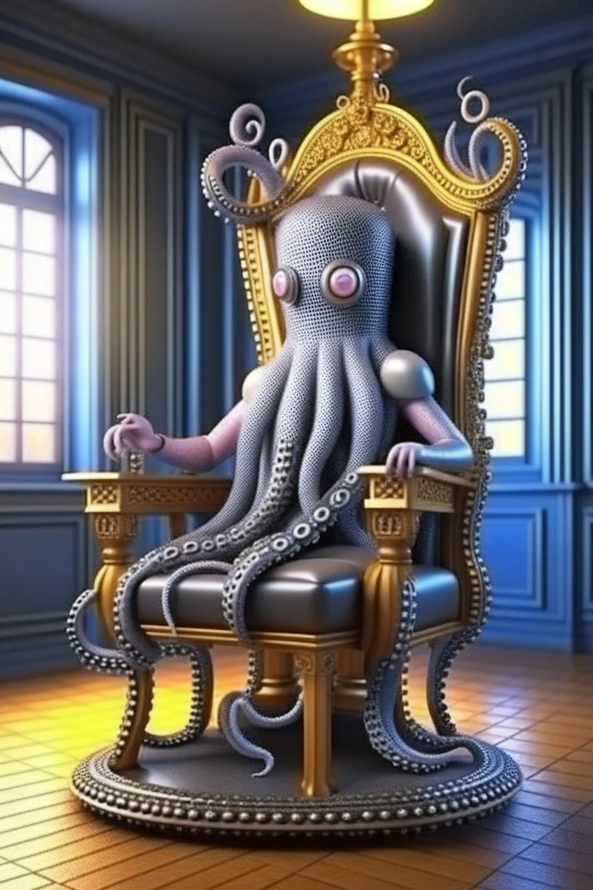 portrait of chrome robot octopus chatbot with stylish wig smoking sigar on a throne in medieval castle, 4k, downlight, soft light, depth of field, photorealism