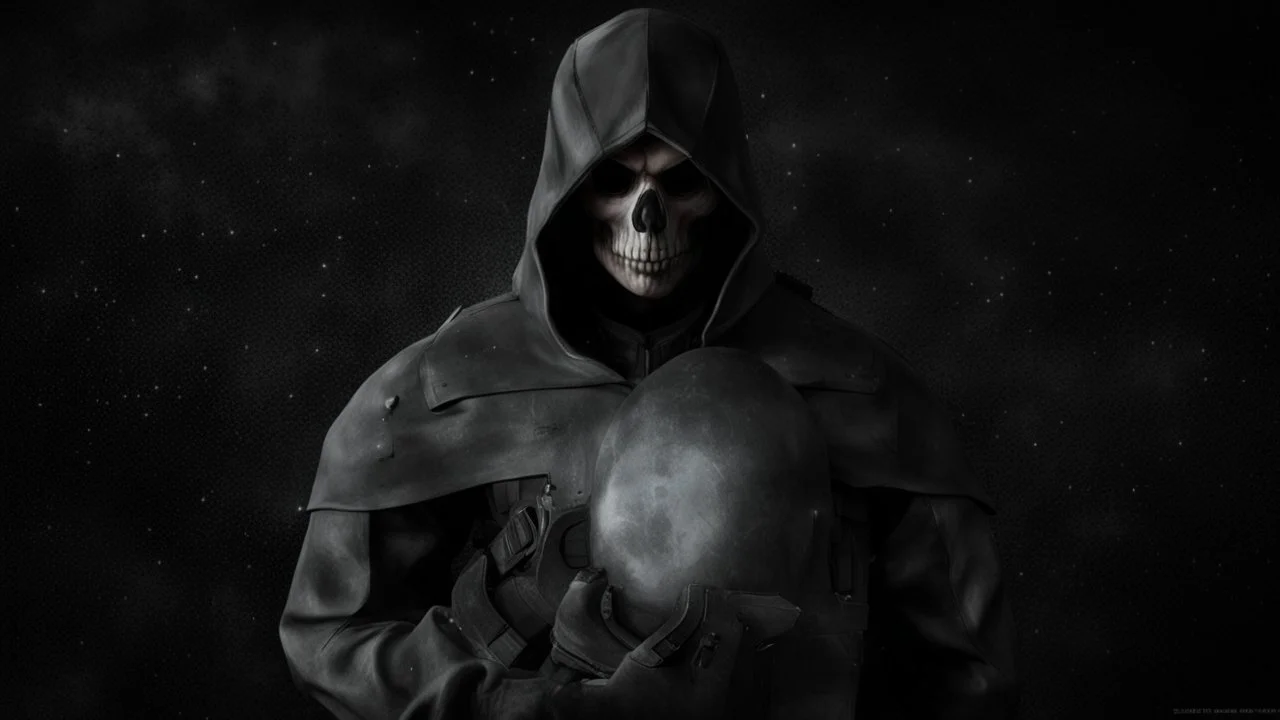 ghost from call of duty, skull face, in black background, with stars