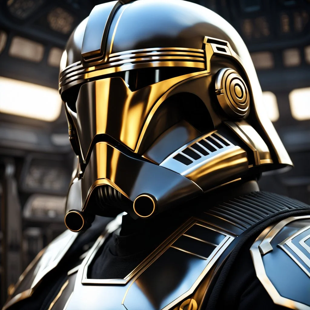 star wars bald male corellian pilot wearing pearlescent black and gunmetal grey First Order special forces heavy assault armor and helmet with gold trim inside the jedi temple, centered portrait, hyperdetailed, dynamic lighting, hyperdetailed background, 8k resolution, volumetric lighting, light skin, fully symmetric details