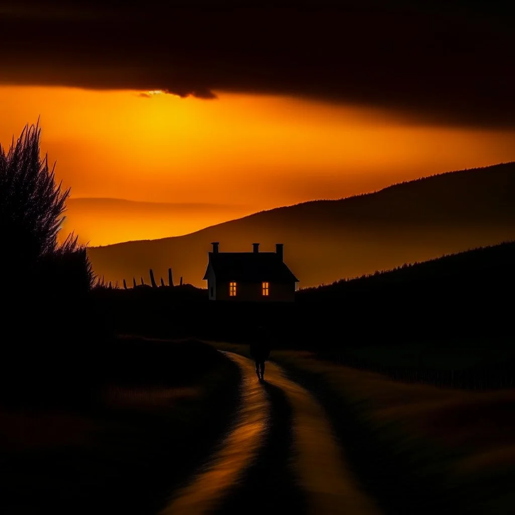 dark night, orange sunset colors in the sky, a lonely cottage with the lights on in the distance on a mountain, a lonely dark figure walking down the road