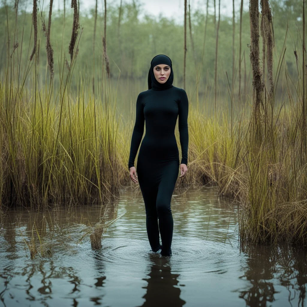 she wears a burkini in the swamp. It is a scene of the movie: Creature from the Black Lagoon