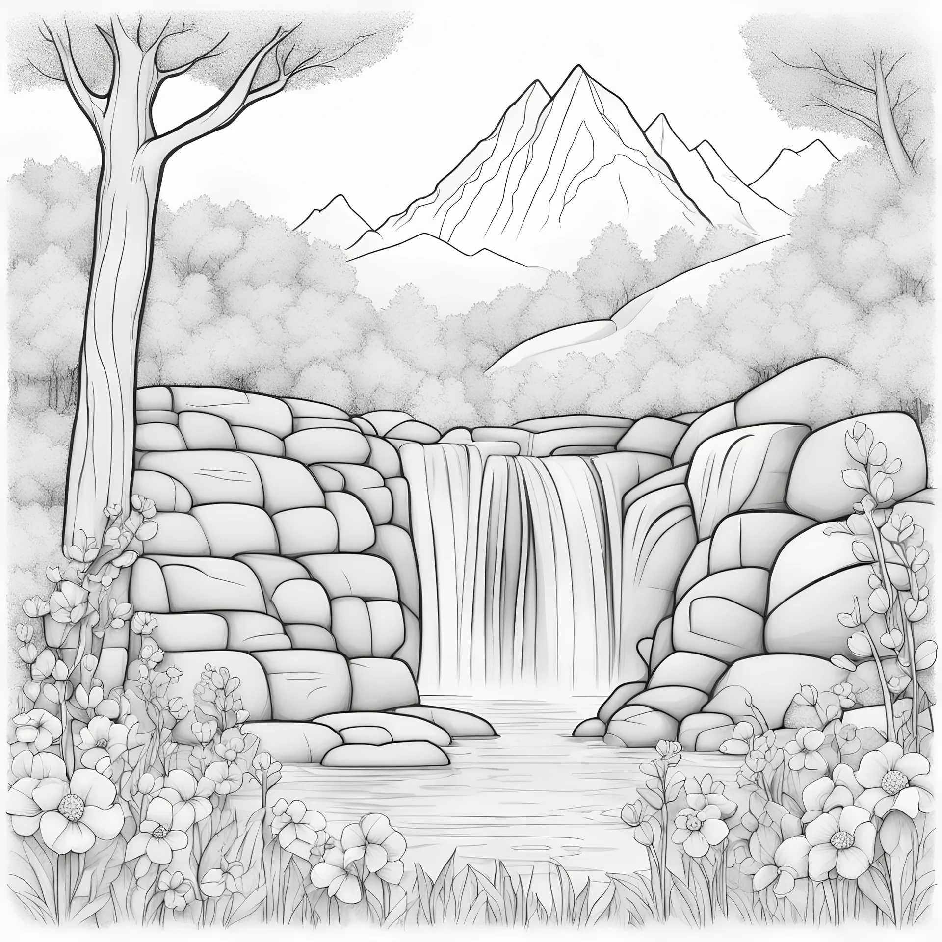 coloring page of A watterfall with flowers behind ,line art landscape,stone,cute flowers,cute trees, much details, dark outlines,vector --ar 2:3