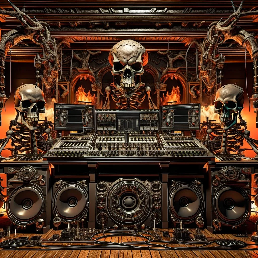 DJ of the damnded, insanely detailed DJ booth in hell, MID set, speakers and equipment made of bone, anatomically correct, add more skulls in th audience, photorealism, vray, 8k 3d