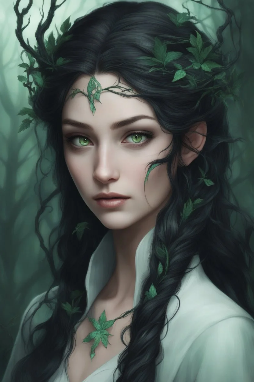 Young beautiful female Hexblood Warlock, long dark brown-black hair styled in elegant half-braids, glowing pale emerald-green eyes, delicate facial features. Thin twisted black thorn-like branches grow naturally from one side of her head, weaving seamlessly through her hair like an eerie crown, with tiny dark leaves and vine-like roots blending into her scalp. Faint dark vine markings trail along her neck and collarbone. Dark fantasy, realistic, cinematic, highly detailed.