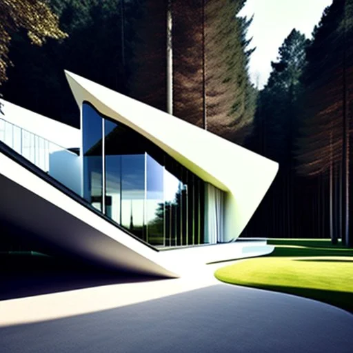 Arte lineal de una casa campestre moderna, estilo Zaha Hadid, minimalista